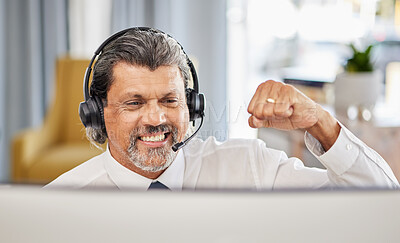 Buy stock photo Call centre, happy and a man at computer to celebrate success, achievement or bonus win. A mature male consultant or agent with a fist for customer service, help desk and crm or telemarketing target