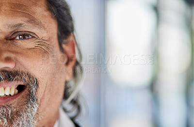 Buy stock photo Smile, half portrait and a man at work for advertising of space, marketing and corporate professional. Happy, bokeh and face of a businessman or employee in the workplace woth mockup for career