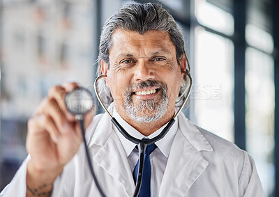 Buy stock photo Doctor, portrait and happy man with stethoscope in cardiology, healthcare service and support or check. Heart, patient POV and medical professional or mature person in clinic services or consultation