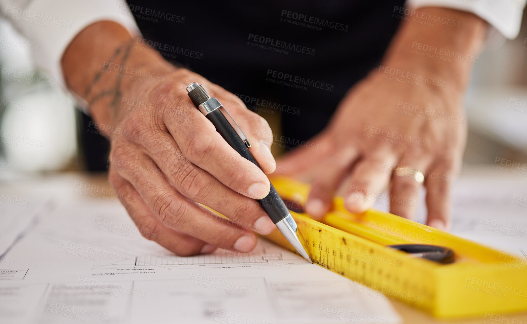 Buy stock photo Hands, architecture and ruler for drawing blueprint, paper and engineering of project, building development and illustration. Closeup of man, designer and stationery for lines, sketch and floor plan