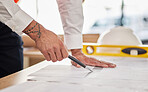 Hands, architecture and pen for drawing blueprint, project illustration or engineering process. Closeup, man or designer at documents, floor plan or paper to sketch renovation of building development