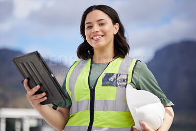 Buy stock photo Portrait, engineering and woman with a tablet, outdoor and planning with website information, safety and connection. Female person, architect or employee with technology, online reading or inspection