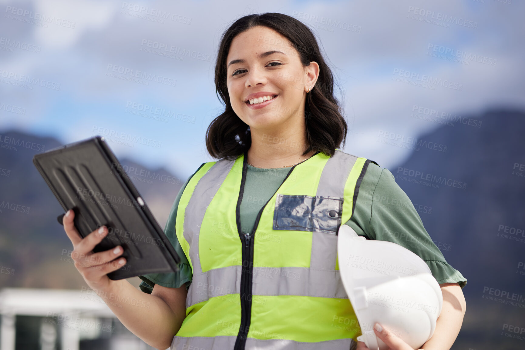 Buy stock photo Portrait, engineering and woman with a tablet, outdoor and planning with website information, safety and connection. Female person, architect or employee with technology, online reading or inspection