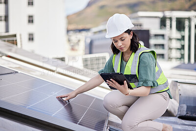 Buy stock photo Solar panel, engineering ot woman with a tablet for planning, renewable energy or research. Connection, technology or photovoltaic maintenance with engineer for inspection, employee or sustainability