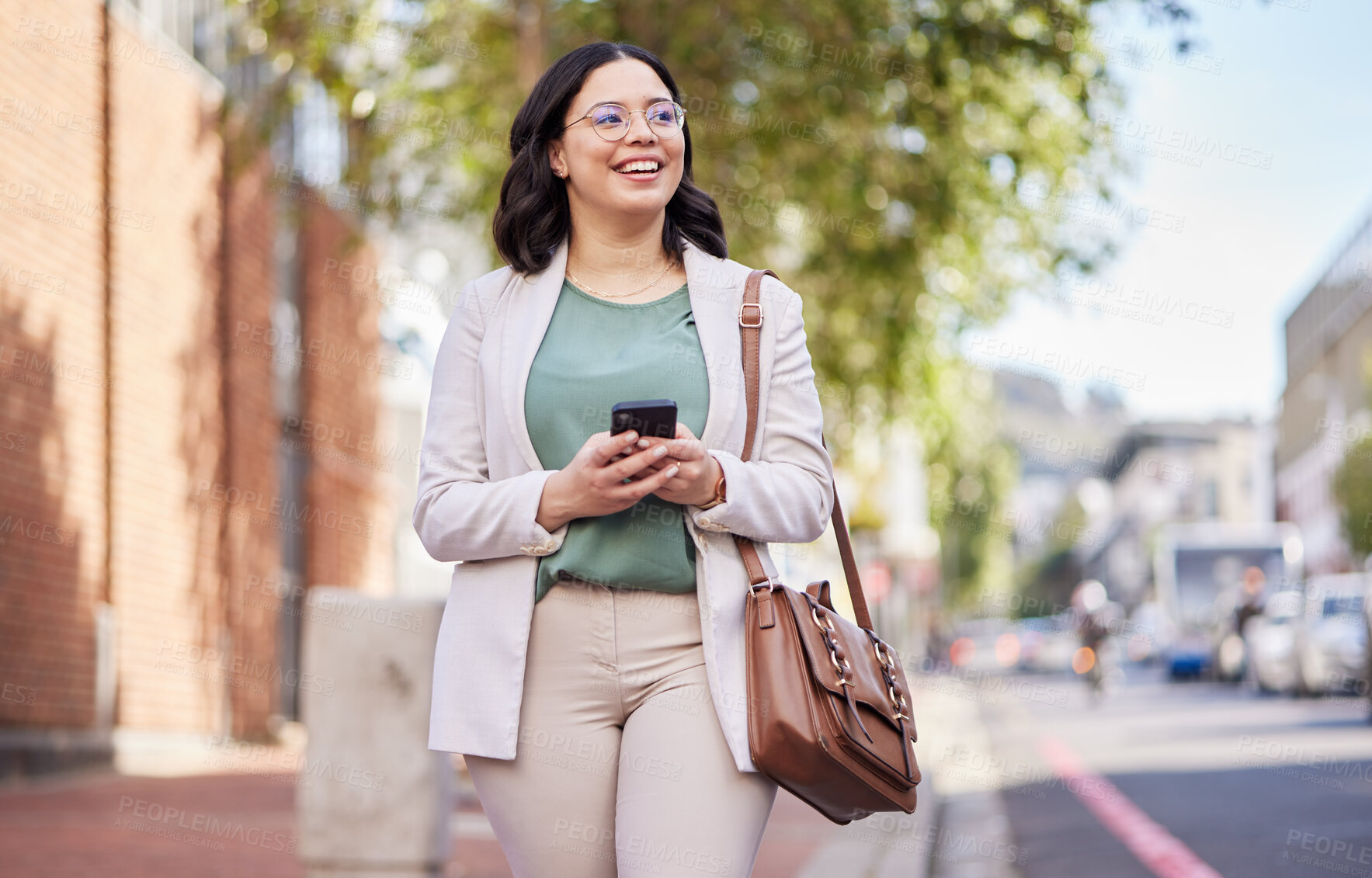 Buy stock photo Walking, phone and a woman outdoor in a city with communication, internet connection and app. Happy, professional and business person on urban road with smartphone for chat or social media on travel