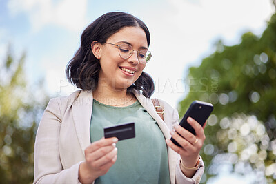 Buy stock photo Phone, credit card and woman in city for online shopping, easy business payment and fintech or e commerce in park. Mobile, debit and professional person for web 3.0 finance, outdoor travel or banking