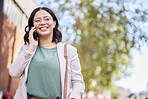 Phone call, city and business woman thinking of communication, networking and career opportunity for travel. Sidewalk, urban and professional person news, talking and outdoor walking with mobile voip