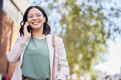 Buy stock photo Phone call, city and business woman thinking of communication, networking and career opportunity for travel. Sidewalk, urban and professional person news, talking and outdoor walking with mobile voip