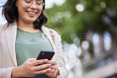 Buy stock photo Reading, business woman and cellphone in outdoor for networking with communication on online app. Professional female, technology and typing on social media for information on website for career.