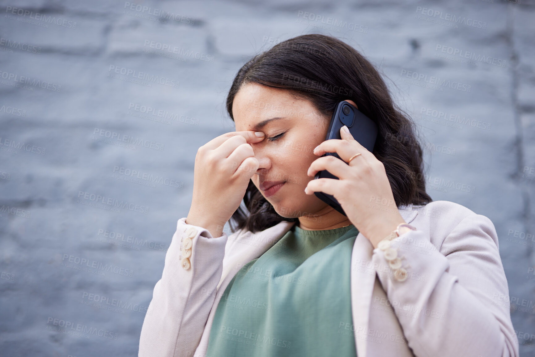 Buy stock photo Headache, phone call and business woman in city with bad news and stress from work. Burnout, urban and female professional frustrated from job fail with anxiety and mobile networking in conversation