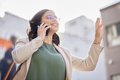Buy stock photo Business, woman and wave for taxi and phone call, talking in the city and outdoor travel to office building on public transport. Happy, waving and person speaking on mobile and calling for a cab