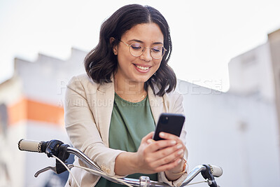 Buy stock photo Phone, bicycle and business woman in city for search, carbon footprint and communication. Mobile app, eco friendly and networking with female employee for contact, technology and social media
