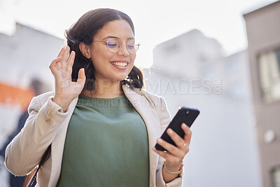Buy stock photo Business, woman and phone with video call in the city and contact with network connection, communication or conversation. Happy, wave and person speaking on mobile or hello, gesture and greeting
