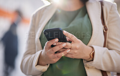 Buy stock photo Person, hands and a phone outdoor for communication, internet connection and mobile app. Closeup of a business woman, urban town and a smartphone while typing a message or chat on social media