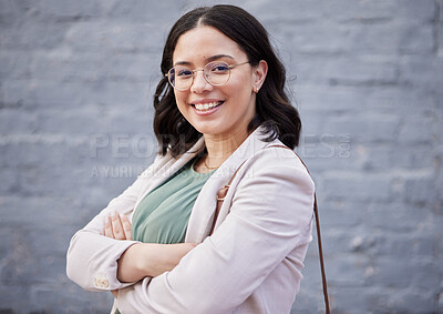 Buy stock photo Smile, arms crossed and portrait of business woman in city for professional, pride and entrepreneur. Creative, happy and confidence with female employee for career, development and happinesses