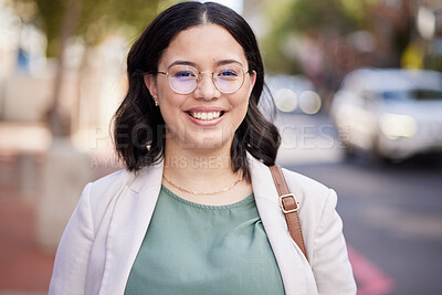 Buy stock photo Smile, happy and portrait of business woman in city for professional, pride and entrepreneur. Creative, empowerment and confidence with face of female employee for career, glasses and happiness