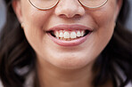 Teeth, dental hygiene of a woman with a smile on face for happiness, motivation and positive mindset. Closeup, zoom and mouth of a happy female person with cosmetics, confidence and wellness
