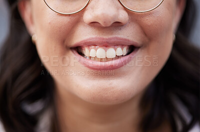 Buy stock photo Teeth, dental hygiene of a woman with a smile on face for happiness, motivation and positive mindset. Closeup, zoom and mouth of a happy female person with cosmetics, confidence and wellness