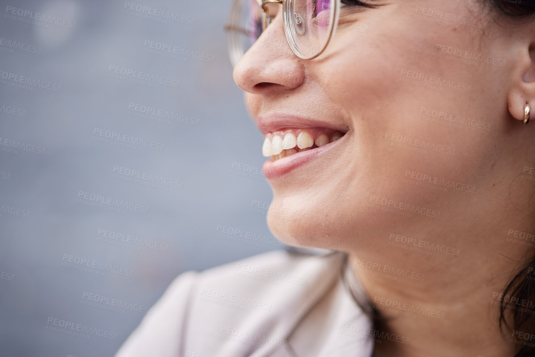Buy stock photo Dental hygiene, smile and teeth of a woman for closeup on happiness, motivation and positive mindset. Zoom, face and mouth of a happy female person with cosmetics, confidence and wellness profile