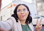 Business woman, selfie and city with peace sign, funny face or glasses for meme, finance career or street. Employee, outdoor and comic icon for memory, photography or profile picture for social media