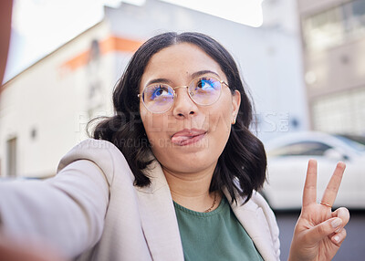Buy stock photo Business woman, selfie and city with peace sign, funny face or glasses for meme, finance career or street. Employee, outdoor and comic icon for memory, photography or profile picture for social media