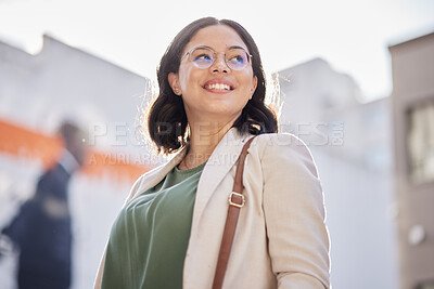 Buy stock photo Business woman, vision and worker outdoor in city with job travel and thinking. Urban, face and female professional with bag for career and commute to work feeling happy and proud from success