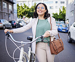 Business woman, bicycle and thinking in street, city and sustainable travel with smile, ideas and accountability. Young entrepreneur, employee and bike for ecology, climate change or transport in cbd