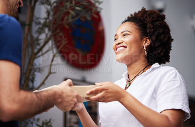 Buy stock photo Delivery man, package and a happy woman at a door with a smile and gratitude for e commerce and shipping. Logistics, online shopping and freight or courier worker giving a customer a cardboard parcel