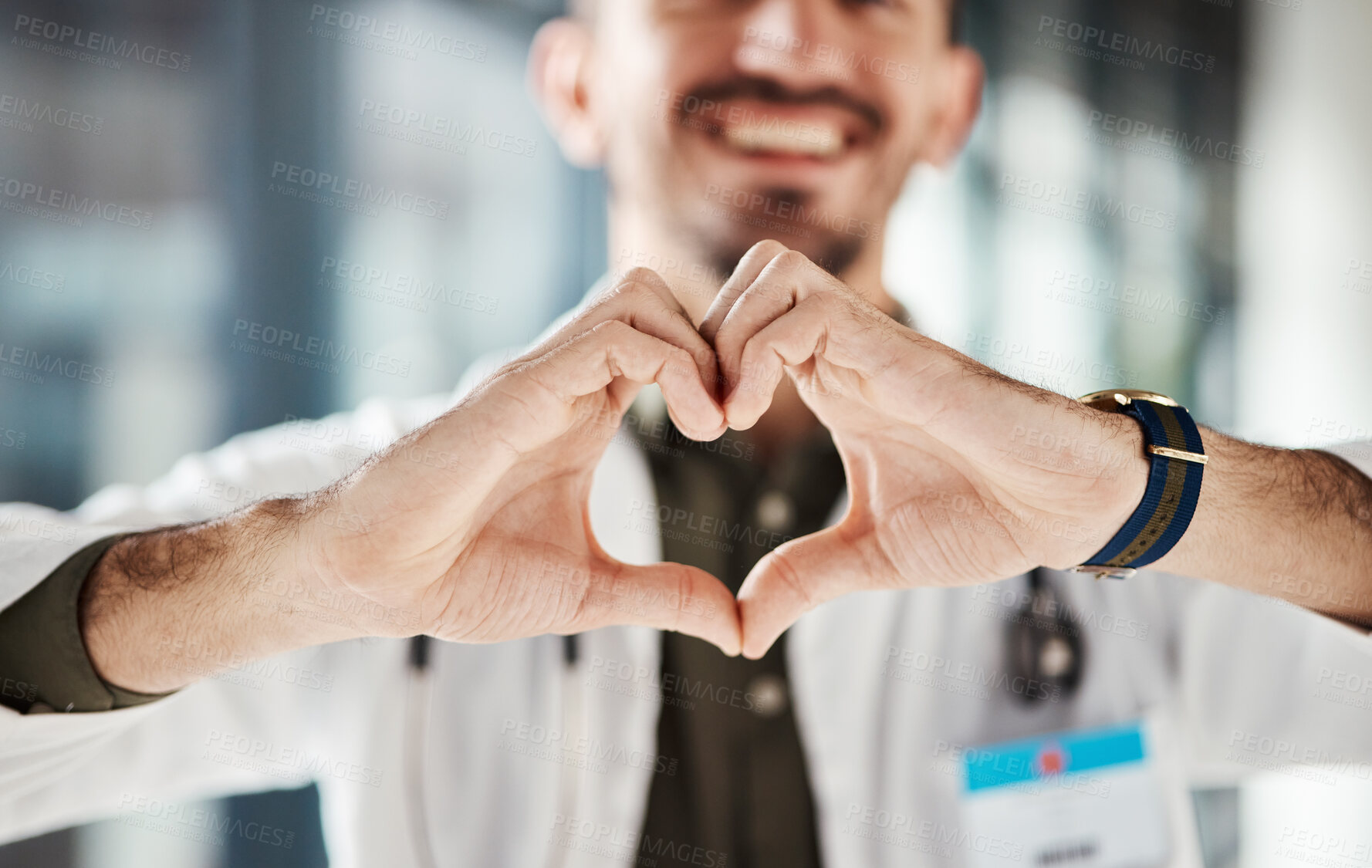 Buy stock photo Hospital doctor, happy man and closeup heart hands for surgeon healthcare, medical services and cardiology health. Medicine satisfaction, emoji love icon and clinic person with nursing wellness care