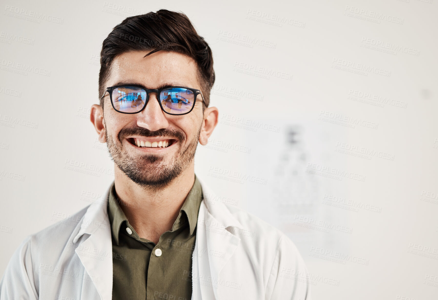 Buy stock photo Eye exam, smile and portrait of man optometrist with confidence, glasses and friendly service in consultation office. Ophthalmology, face and happy male eye expert proud of vision testing career