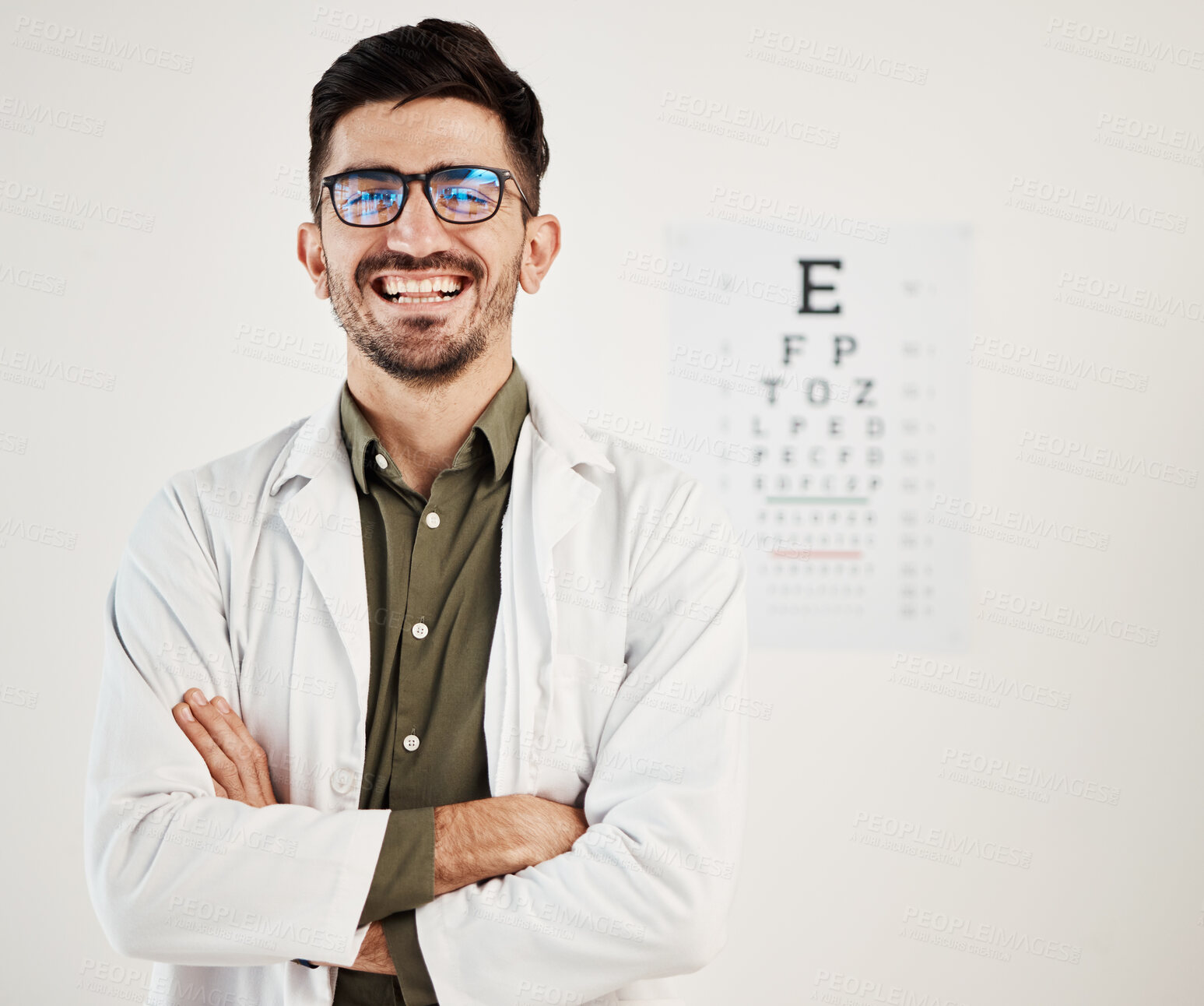 Buy stock photo Eye exam, arms crossed and portrait of man optometrist with smile, confidence and friendly service in consultation office. Ophthalmology, face and happy male eye expert proud of vision testing career