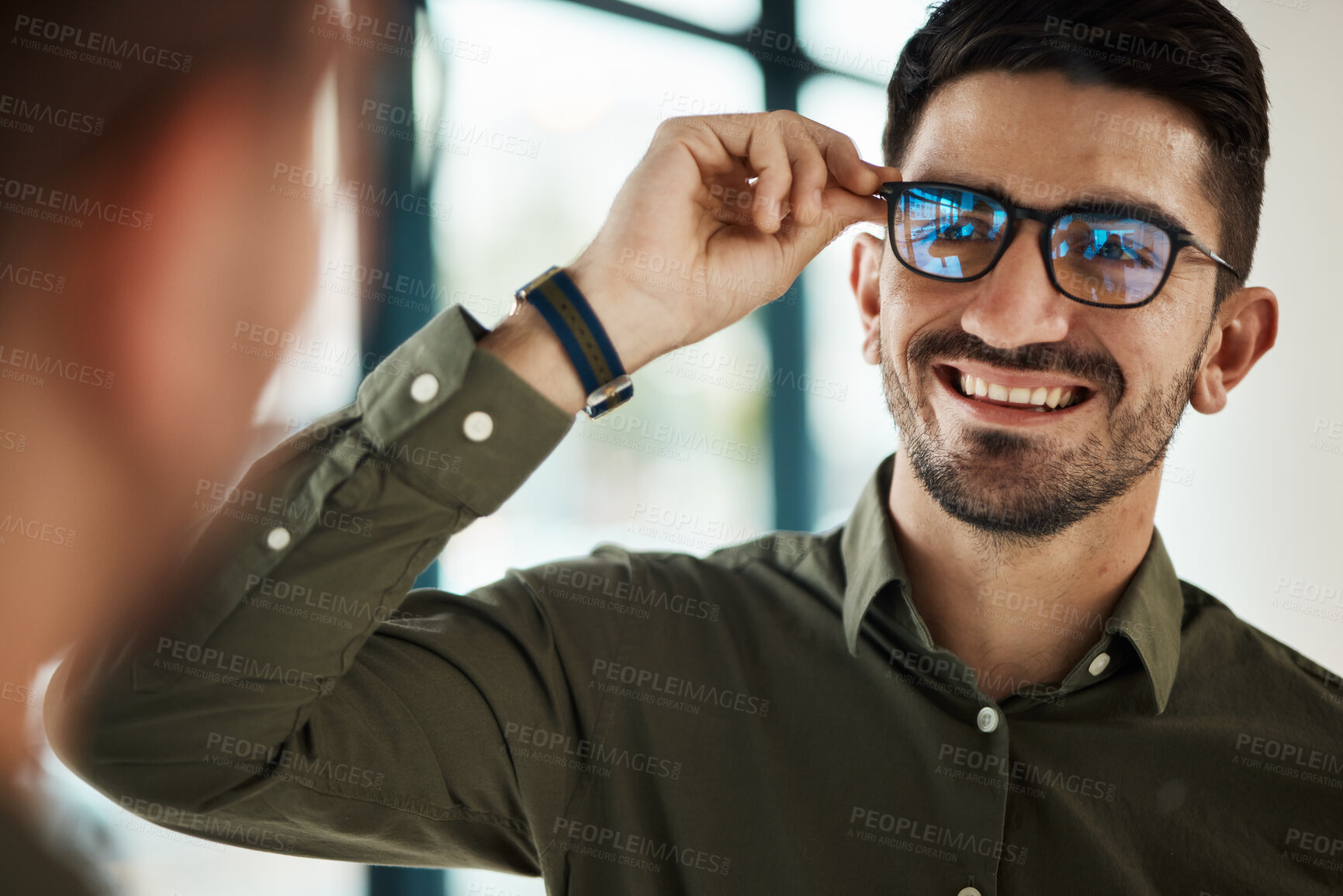 Buy stock photo Face, man and smile with glasses in mirror for vision, eyesight and prescription lens. Happy male customer with choice of frame for designer eyewear, optical fashion and assessment in eye care clinic