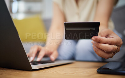 Buy stock photo Hands, credit card and online shopping on laptop in home for digital payment, fintech password and ecommerce. Closeup of person, computer and internet banking for financial sales, budget and account 