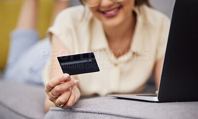 Buy stock photo Hands of woman, credit card and ecommerce on laptop in home for digital payment, fintech password and online shopping. Closeup of customer, computer and banking code for financial investment account