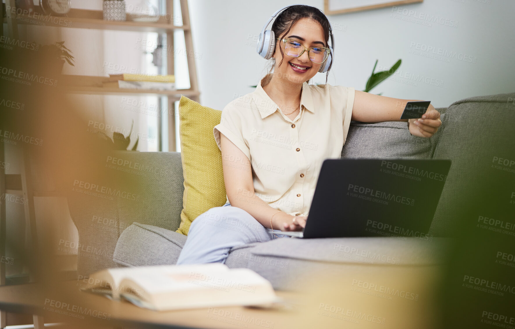 Buy stock photo Happy woman, credit card and laptop with headphones in home for ecommerce sales, fintech password and online shopping. Female customer, computer banking and code to upgrade music subscription account