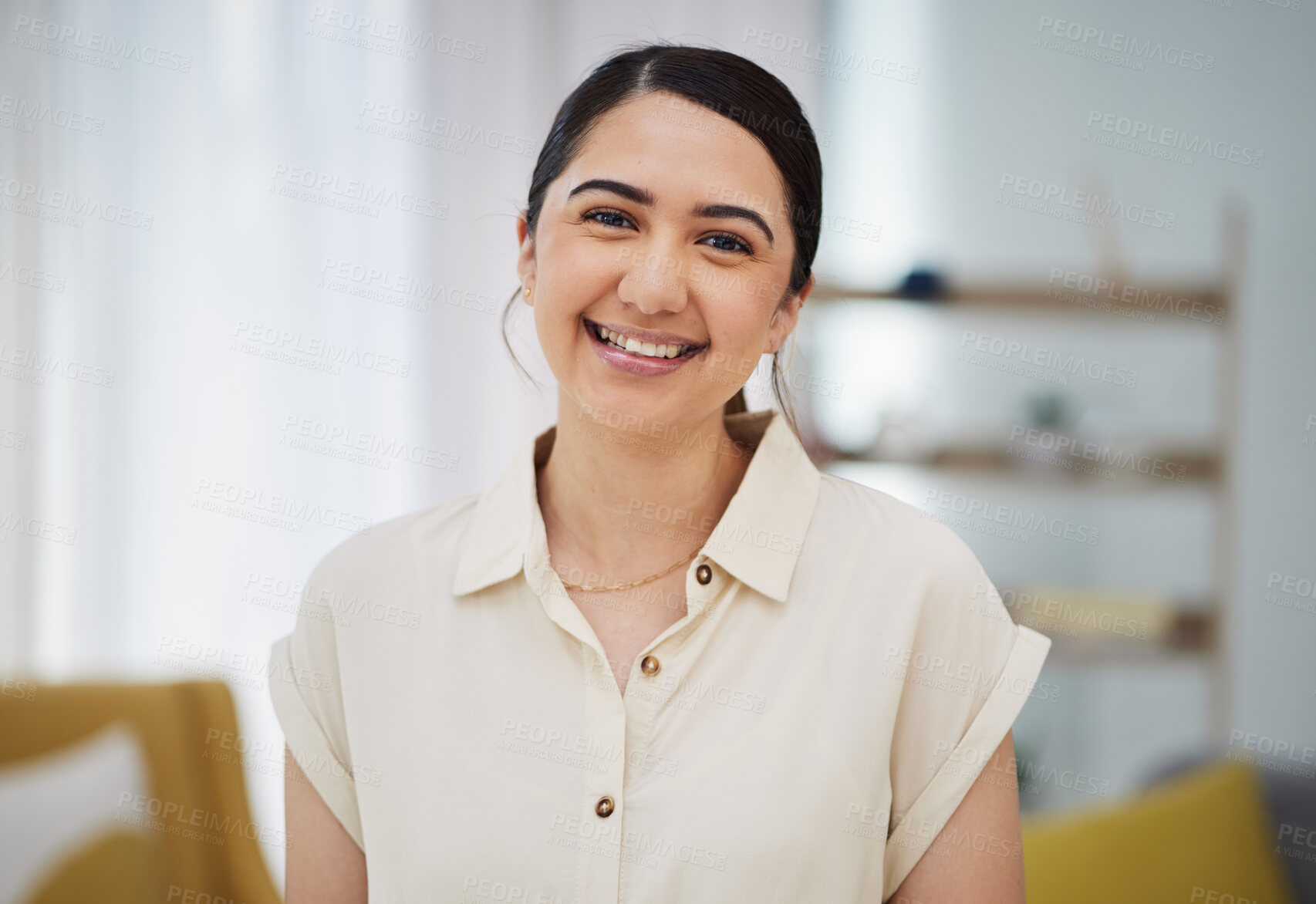 Buy stock photo Portrait, smile and woman in home to relax in good mood, me time and self care in Colombia. Face of happy young female person in living room with confidence, freedom and enjoy break in apartment 