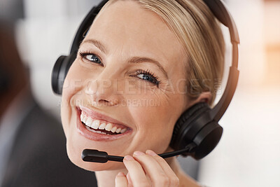 Buy stock photo Call center, face of happy woman or portrait of telemarketing agent with microphone for customer service, CRM support and FAQ contact. Female sales consultant smile for telecom questions at help desk