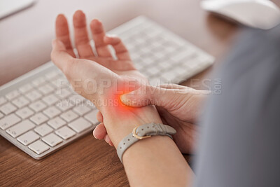 Buy stock photo Business person, wrist pain and red injury from osteoporosis, orthopedic joint and laptop typing in office. Closeup, hands and worker with carpal tunnel, fibromyalgia and muscle fatigue at computer