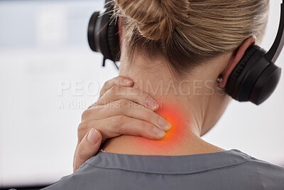 Buy stock photo Call center, neck pain and stress with business woman in office for inflammation, burnout and injury. Accident, tired and fatigue with closeup of female employee for emergency, frustrated and problem