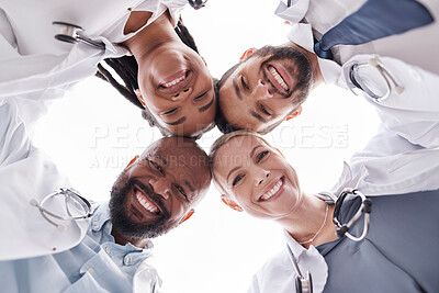 Buy stock photo Hospital doctors, circle portrait and happy people for healthcare teamwork, medical support services and clinic help. Medicine solidarity, below view face or group nurses for cardiology collaboration