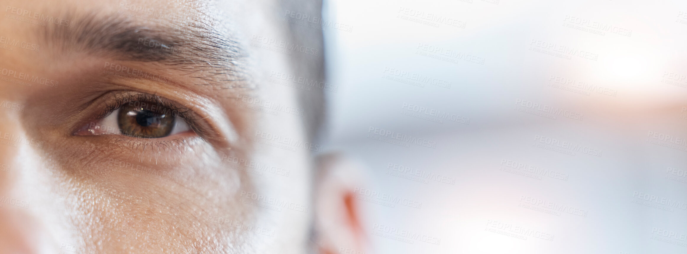 Buy stock photo Closeup eye, portrait and a man with mockup for vision, healthcare and banner of contact lens. Focus, space and face of an optometry patient advertising health and wellness of eyesight with bokeh
