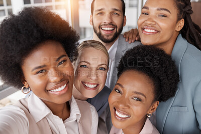 Buy stock photo Young business people, group selfie and portrait with diversity, smile on face and teamwork at agency. Employee friends together, memory and happy with photography, profile picture and social media