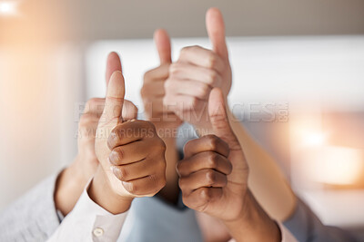 Buy stock photo Thumbs up, business people and hands for success, teamwork and vote yes to show support. Closeup, employees and group with thumb sign, like emoji and thank you for trust, agreement and winning goals