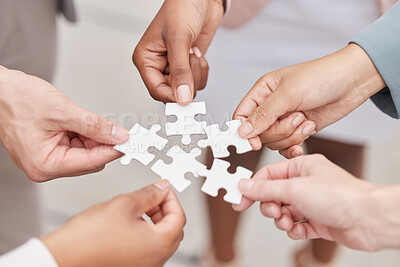 Buy stock photo Business people, hands and puzzle for teamwork, mission and problem solving of challenge, synergy and cooperation. Closeup of employees with jigsaw for integration, collaboration or planning solution