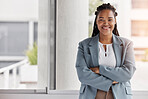 Portrait, mockup and management with a black woman arms crossed in the office for corporate leadership. Smile, leader and a happy female manager or boss standing in the professional workplace