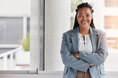 Buy stock photo Portrait, mockup and management with a black woman arms crossed in the office for corporate leadership. Smile, leader and a happy female manager or boss standing in the professional workplace