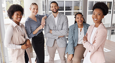 Buy stock photo Portrait, business and group with smile at workplace for finance teamwork with pride. Diversity, professional and people with confidence or leadership at corporate company with support or motivation.