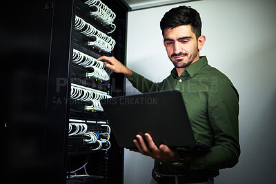 Buy stock photo Laptop, engineering and man technician in a server room for technical repairs by a control box. Technology, maintenance and professional male electrician working on computer for cybersecurity system.
