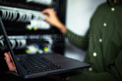 Buy stock photo Server room maintenance, laptop and technician at work for cyber security and building network. Programming, coding and a person or it worker with a computer for a connection system in the workplace