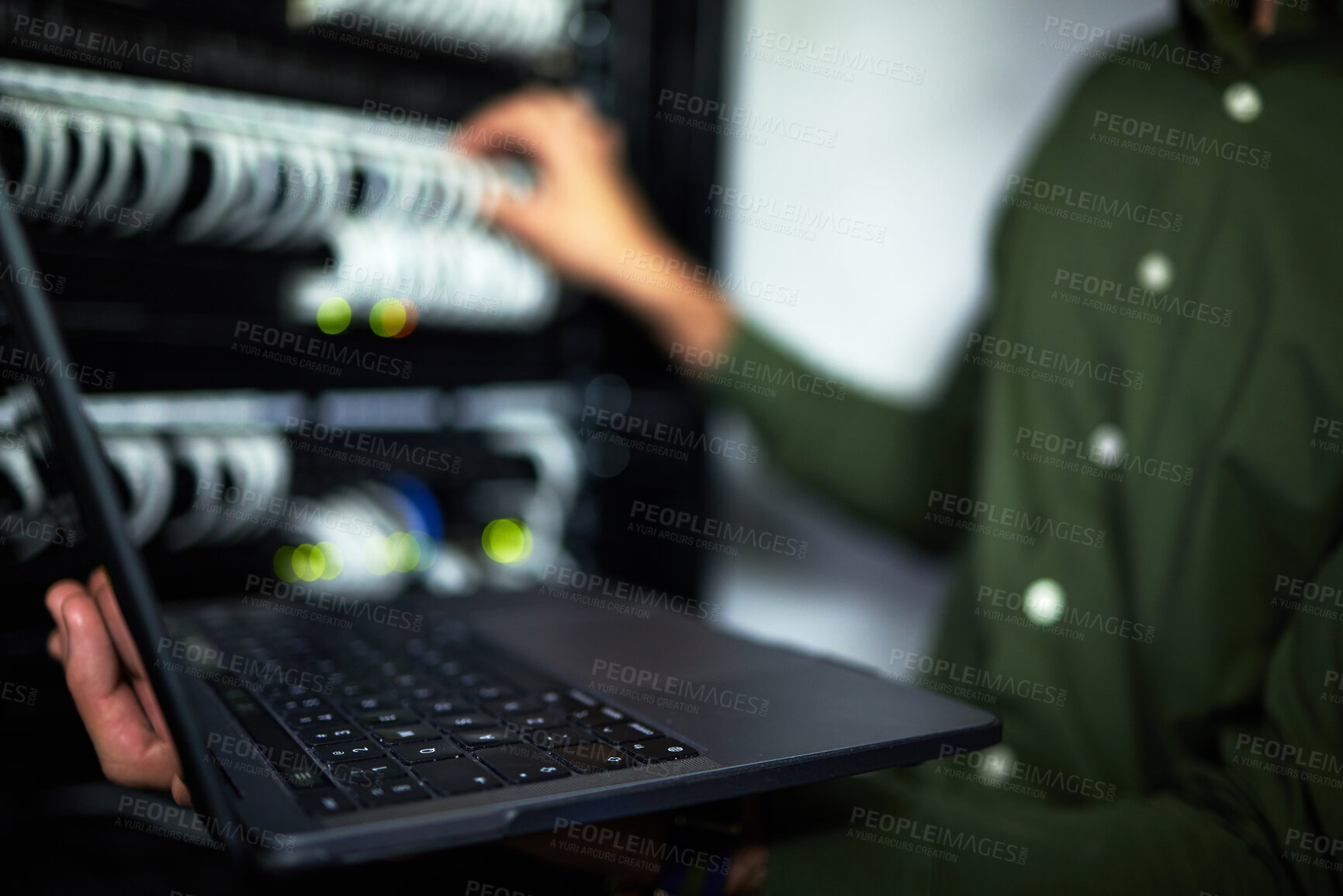 Buy stock photo Server room maintenance, laptop and technician at work for cyber security and building network. Programming, coding and a person or it worker with a computer for a connection system in the workplace